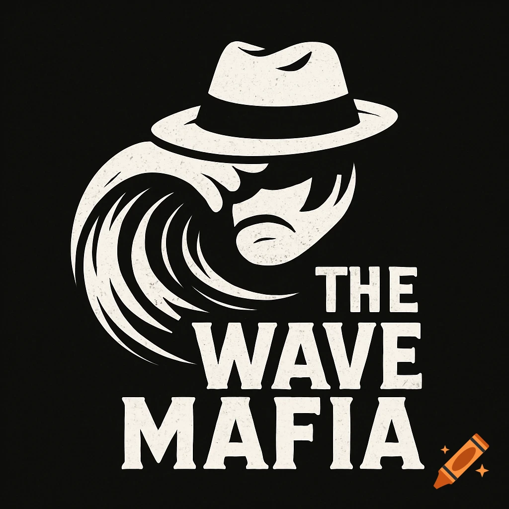 Black and white logo of a figure with a fedora hat and wave hair/beard above the text THE WAVE MAFIA.