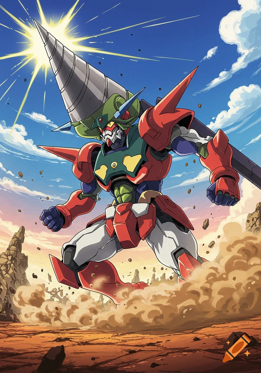 Anime style mecha robot with a drill head running through a dusty desert.