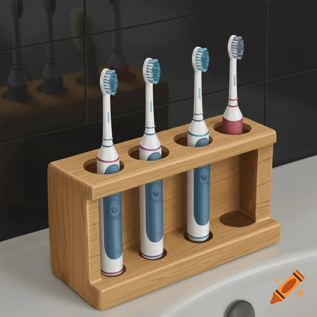 Four electric toothbrushes in a wooden holder on a sink in a bathroom.