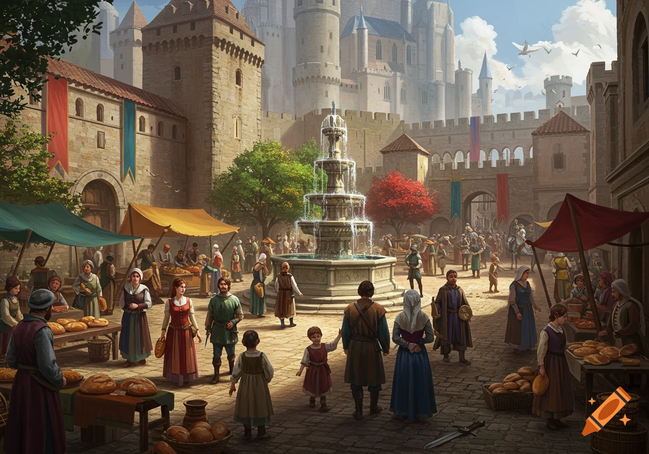 Busy medieval market square with a large fountain, stalls, people, and a castle in the background.