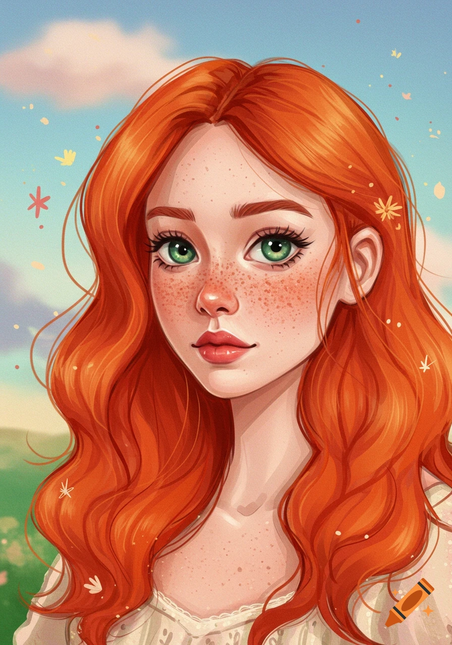 Stylized portrait of a young woman with red hair and freckles on Craiyon