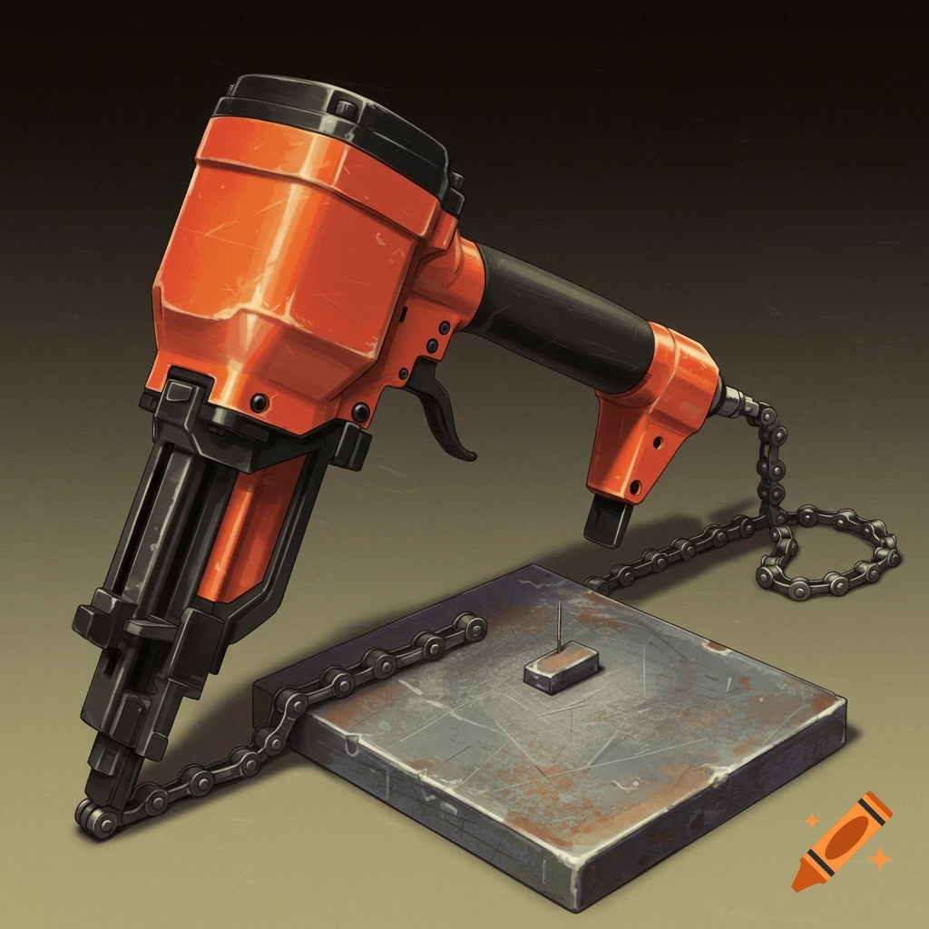 An illustration of an orange and black nail gun with a chain connected to a metal plate.