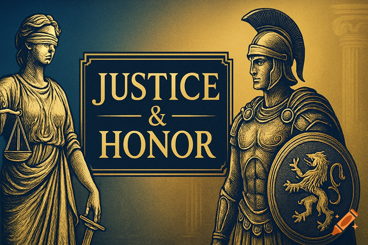 Blindfolded Lady Justice and a Roman warrior next to a sign reading 'Justice & Honor' in a classical style.