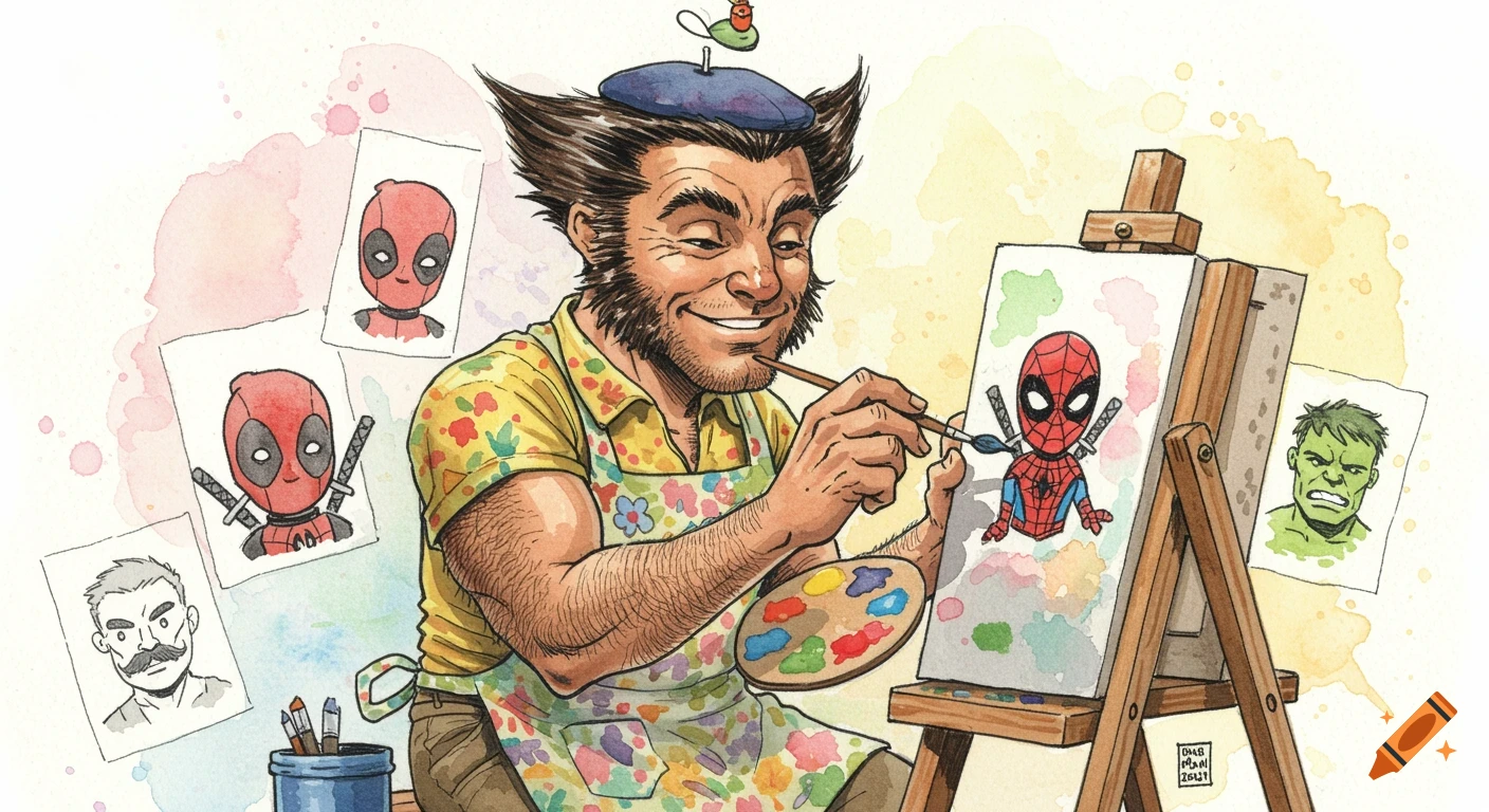 Wolverine paints watercolor portraits of Spider-Man, Deadpool, and Hulk in a comic style.