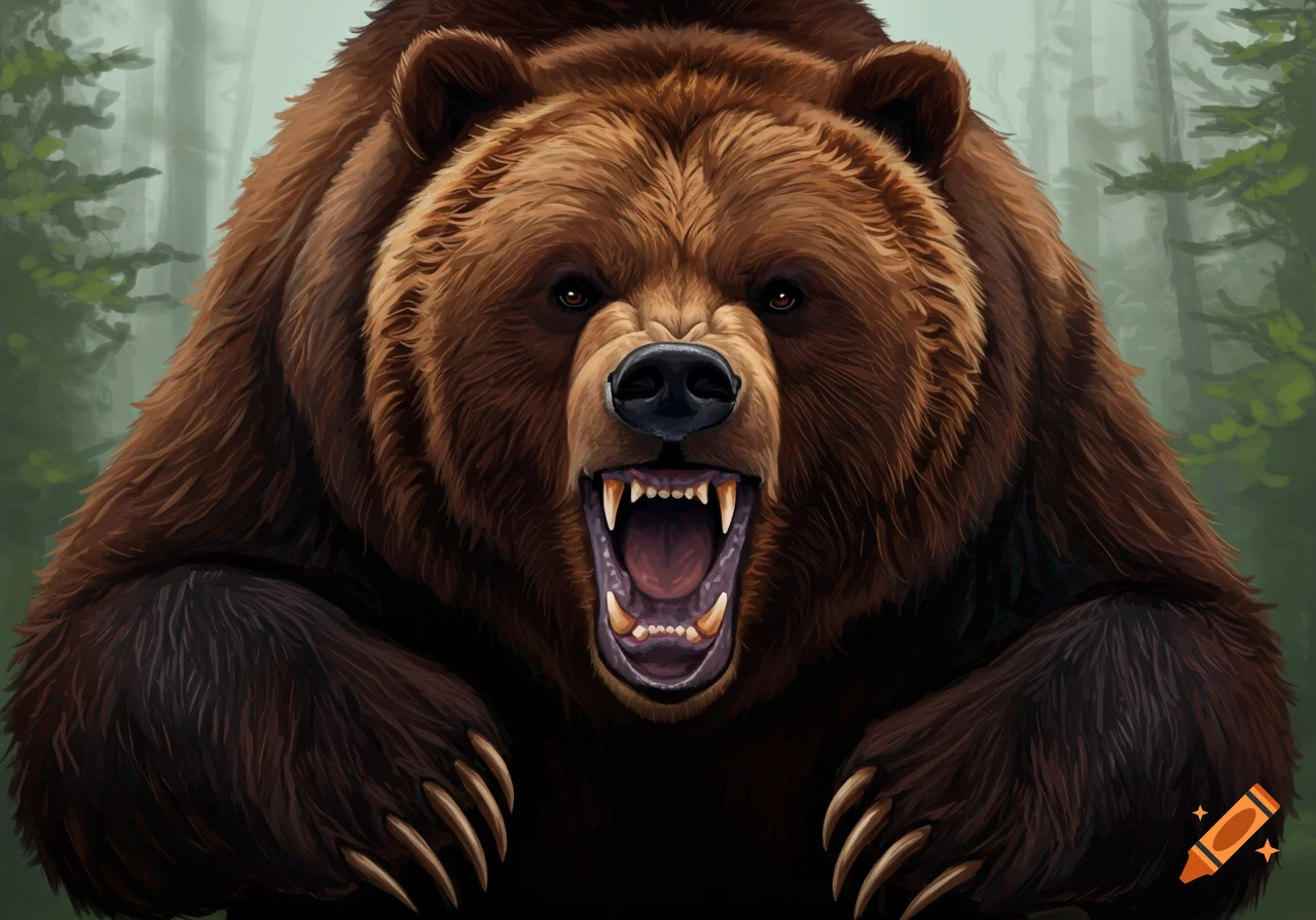 Close-up digital painting of an angry grizzly bear roaring