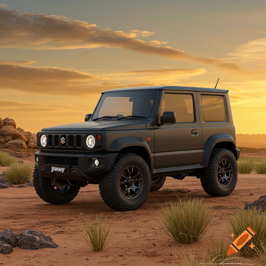 Matte black Suzuki Jimny off-road vehicle in a desert landscape at sunset.