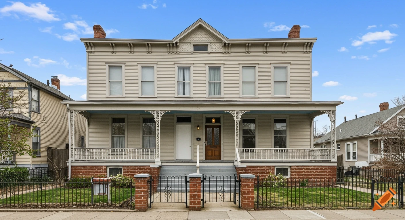 Photorealistic image of the front of a large Victorian-style house with a porch, brick fence, and lawn.