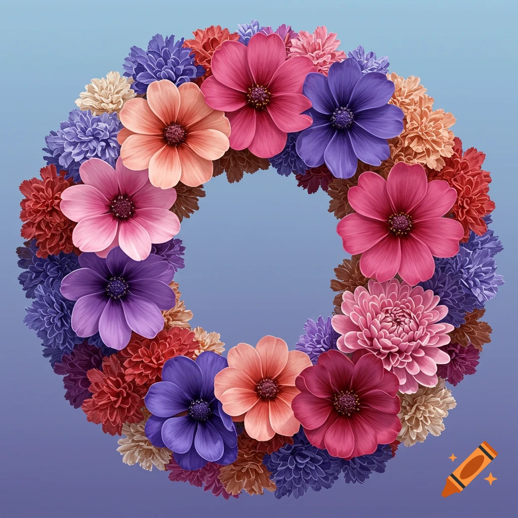 A colorful flower wreath on a blue background.