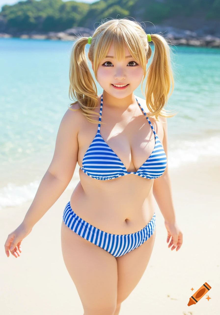 A photorealistic anime-style woman in a blue and white striped bikini stands on a beach.