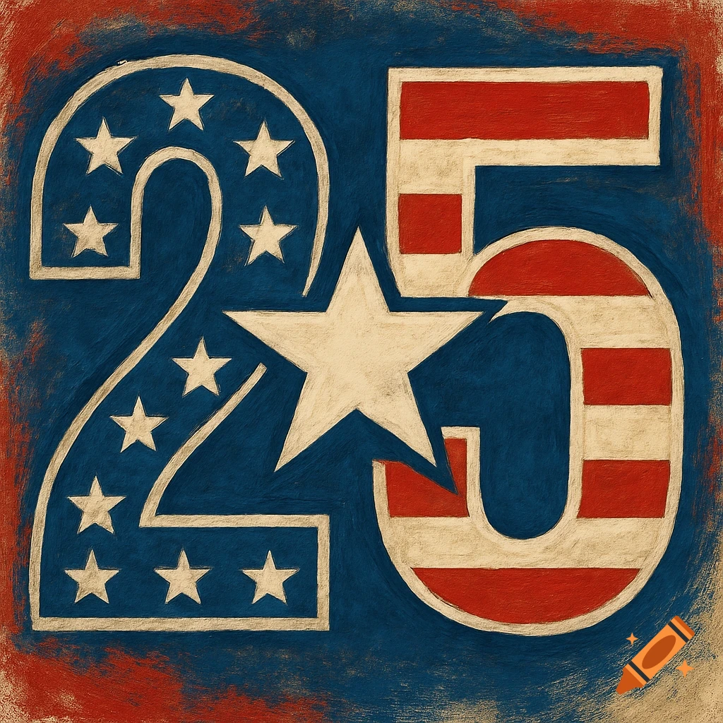 The number 25 in a vintage American flag style with stars on the 2 and red and white stripes on the 5, centered around a large star.