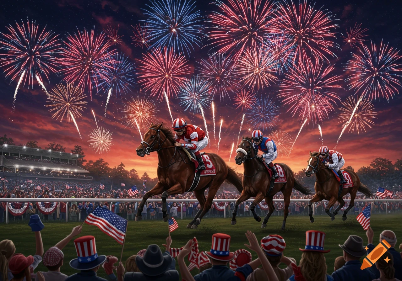 Horses and jockeys race under a sky filled with fireworks as a crowd waves American flags.