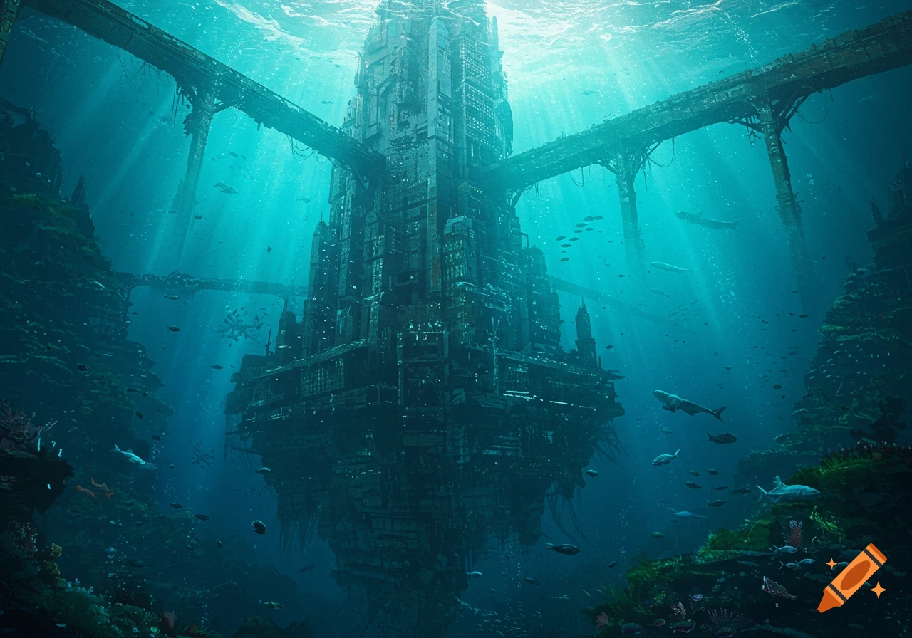 A large futuristic city stands underwater with structures connected by bridges, surrounded by fish and coral.