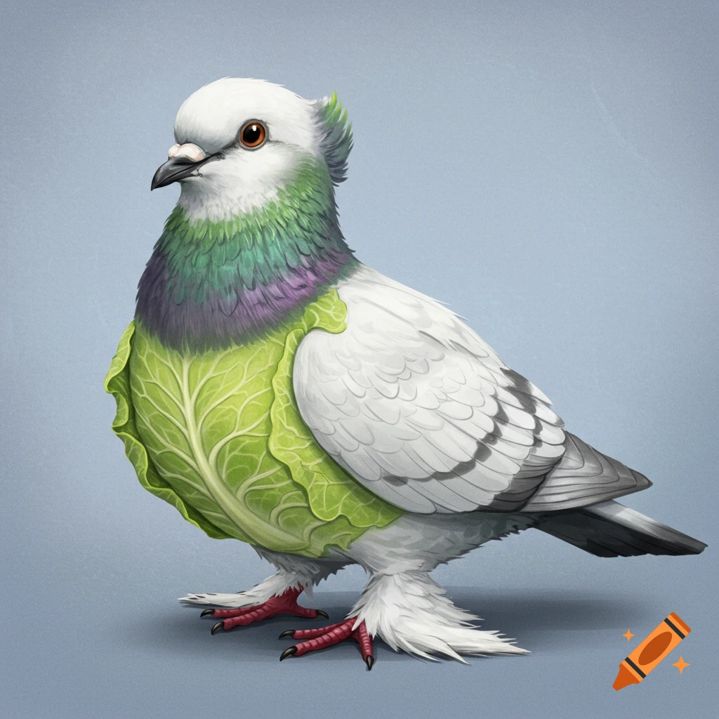 A pigeon with cabbage leaves instead of feathers on its body.