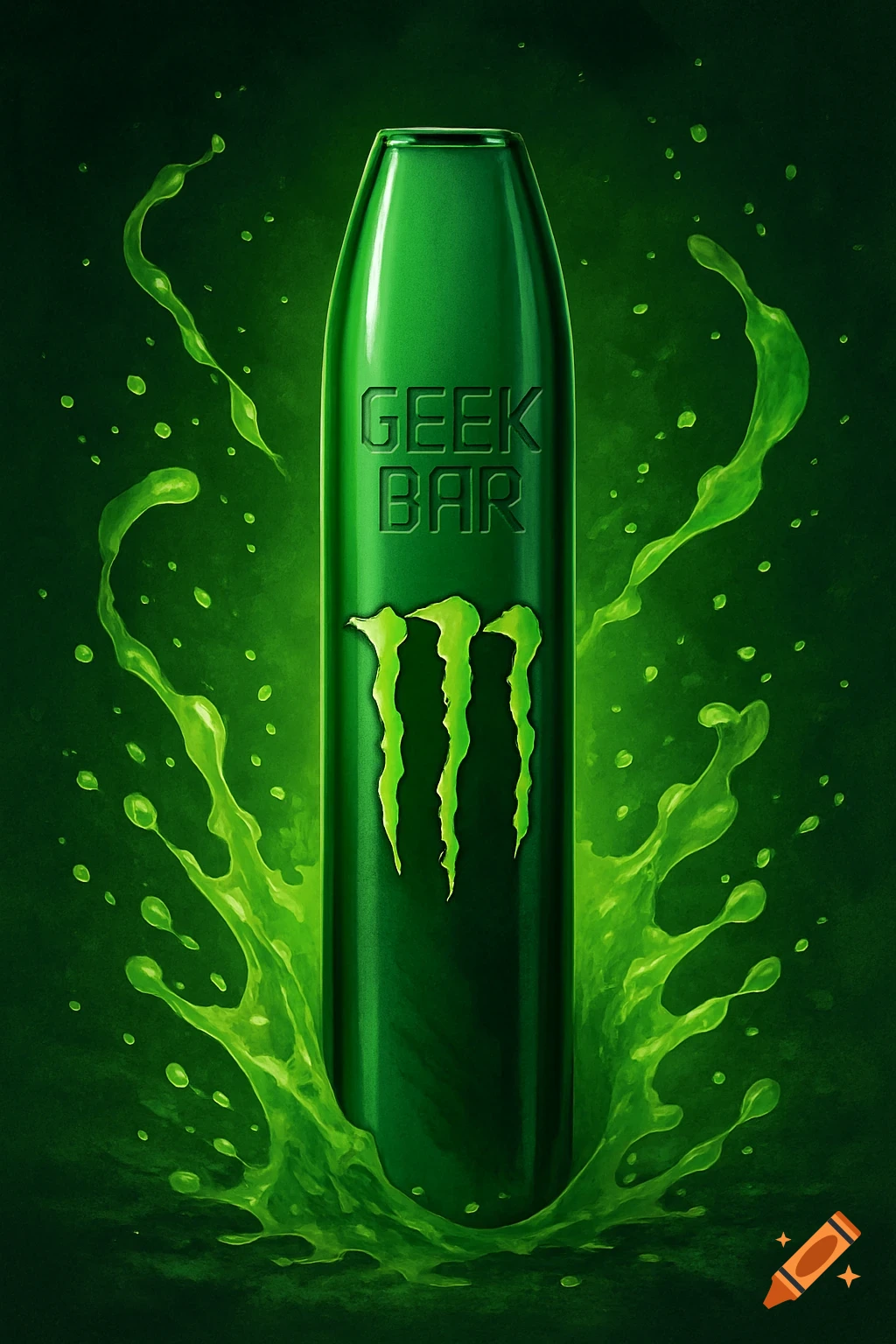 Green cylindrical object with GEEK BAR text and claw logo, surrounded by green liquid splashes.
