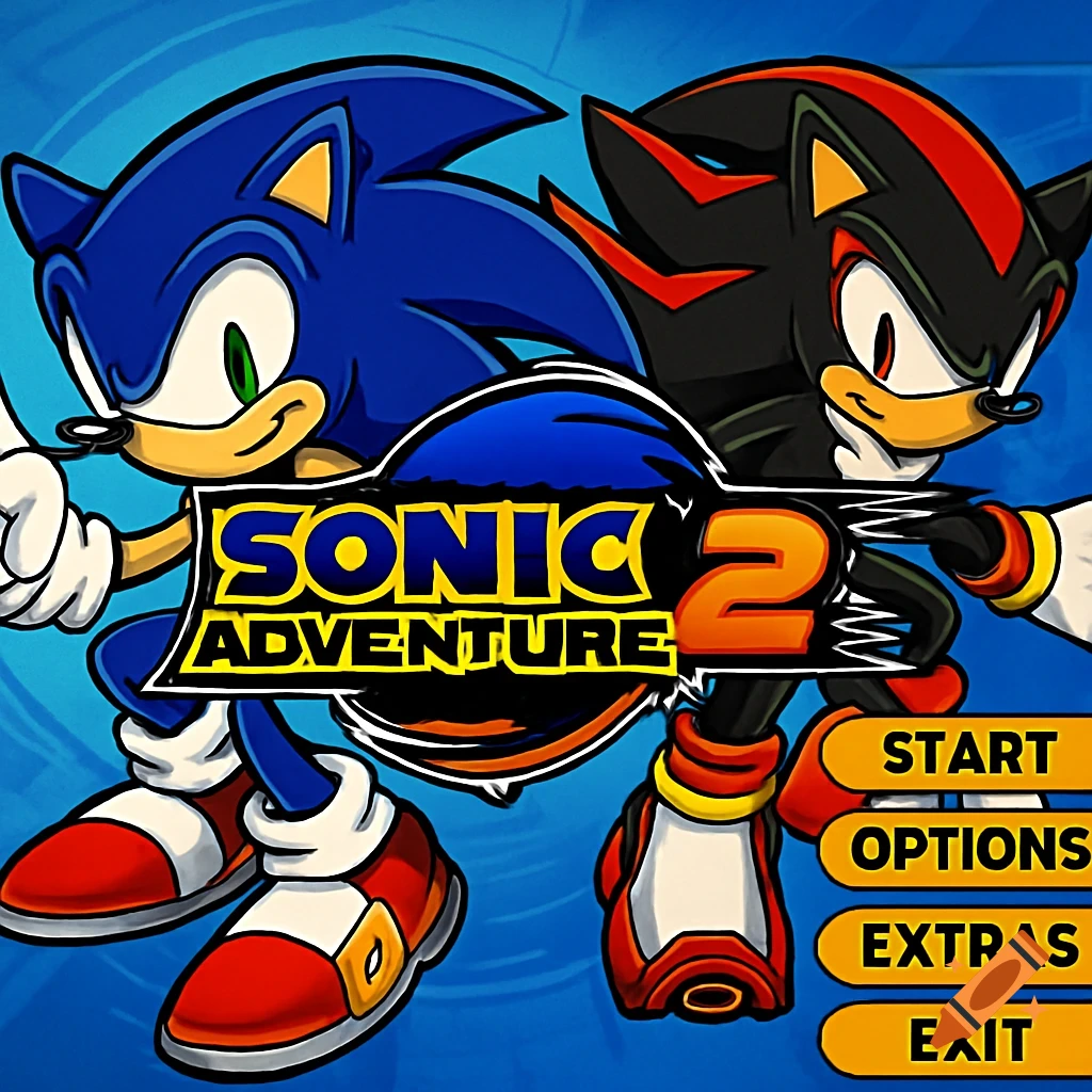 Sonic and Shadow with the Sonic Adventure 2 logo and main menu options.