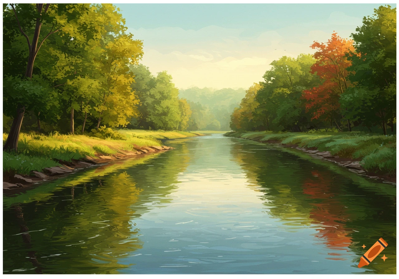 A painted landscape of a river flowing through a forest with autumn colors, reflecting in the water.