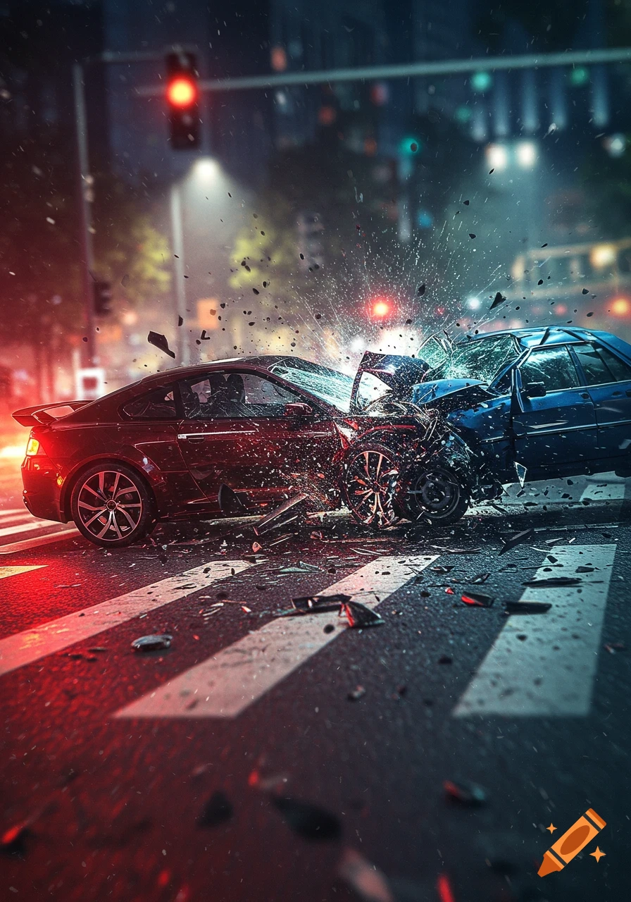 Photorealistic image of a dramatic car crash between red and blue cars on a city street at night