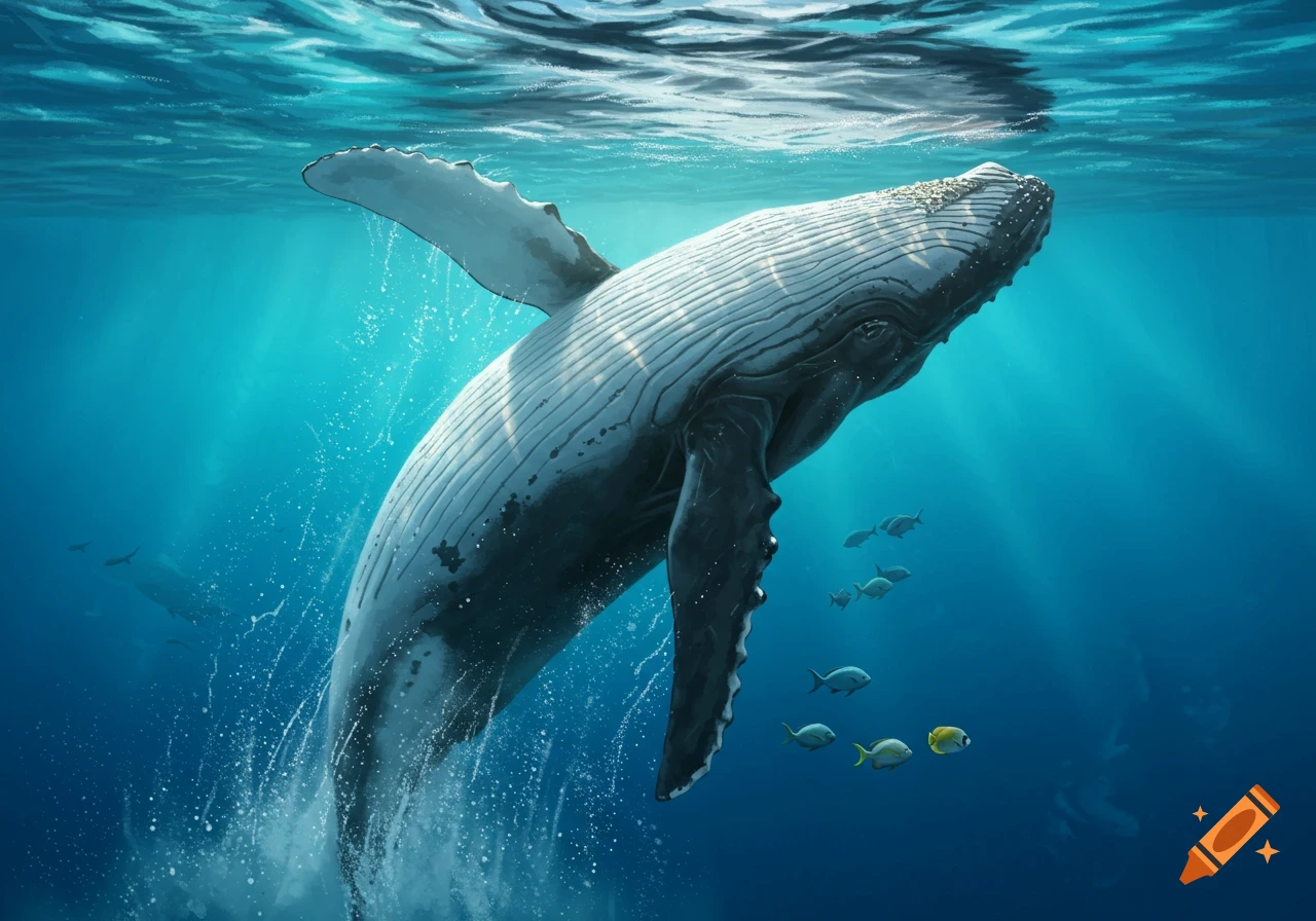 A large humpback whale breaches near the ocean surface as light rays filter down.