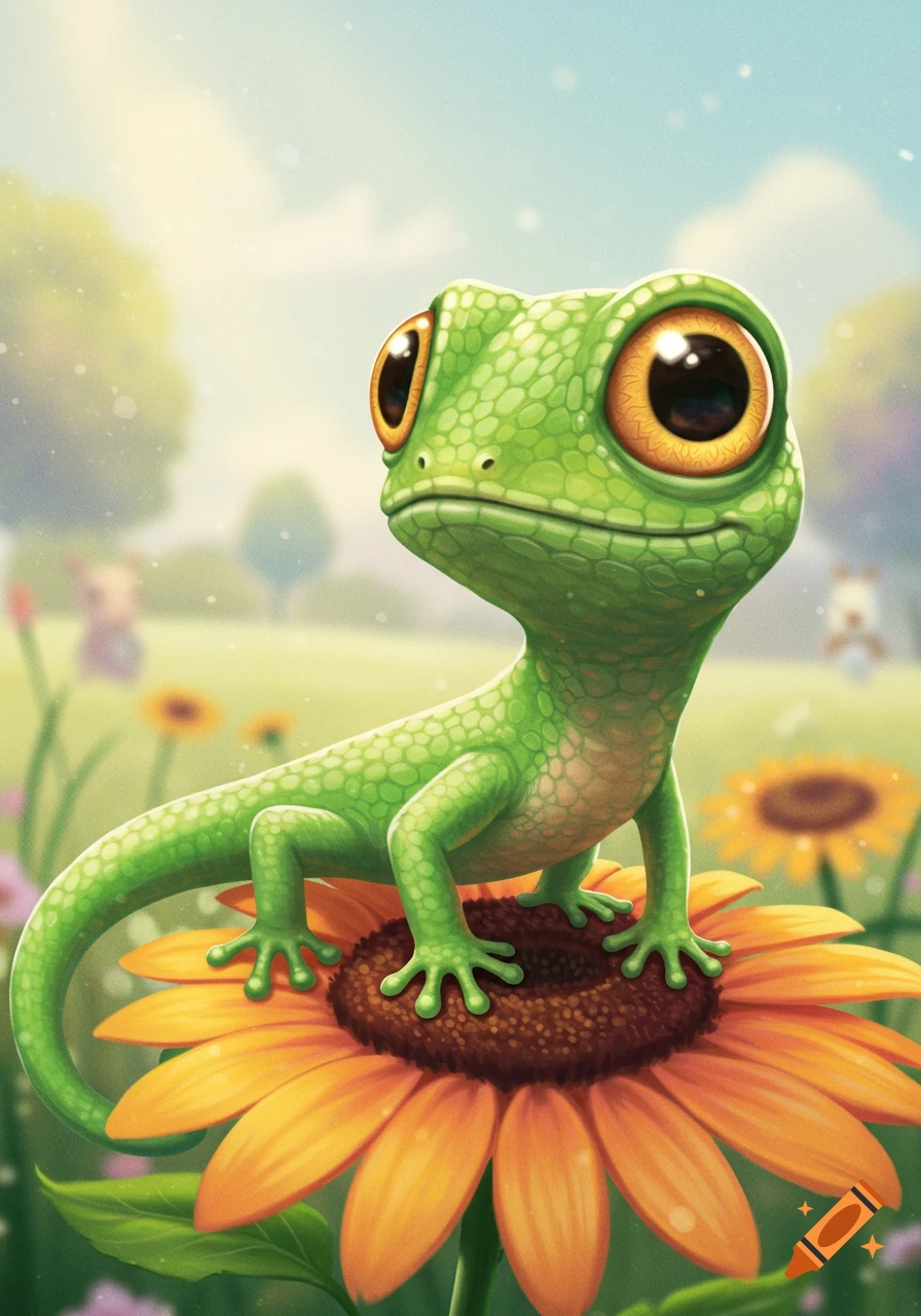 A cute cartoon gecko with big eyes sits on a large yellow flower in a sunny garden.