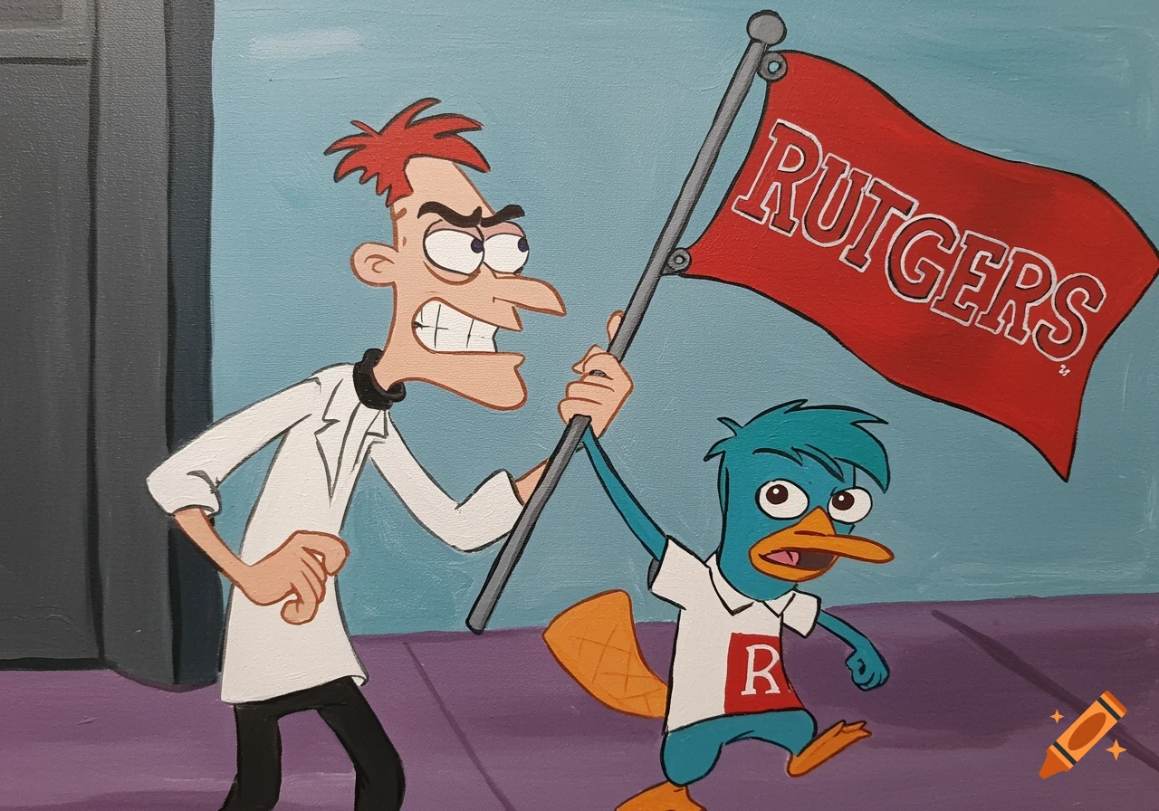 Dr. Doofenshmirtz and Perry the Platypus run with a Rutgers flag and Perry wears an 'R' shirt.