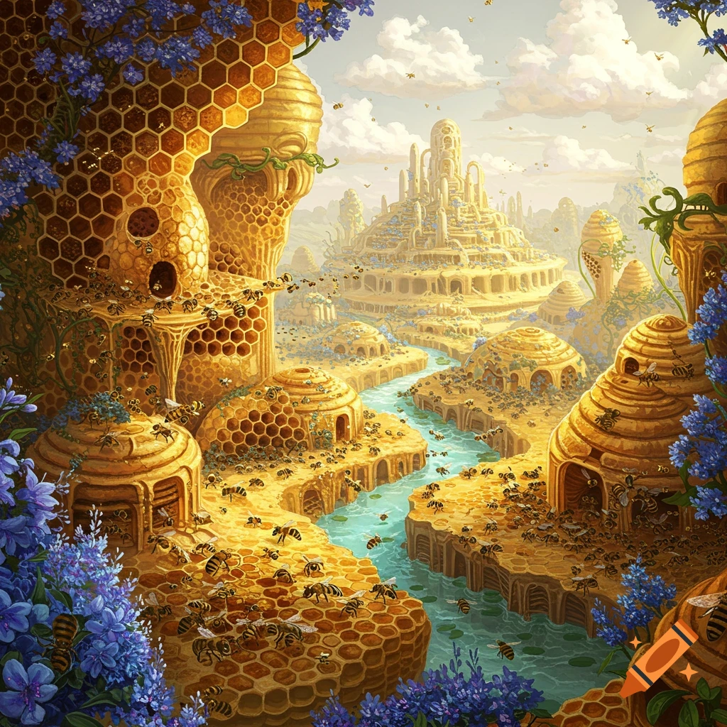 Fantasy landscape of a bee utopia with honeycomb buildings, river, and swarm of bees.