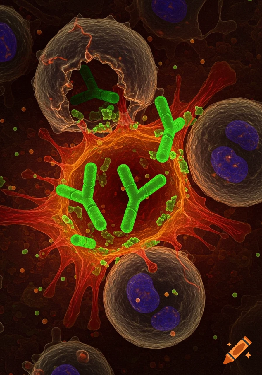 Close-up microscopic view of antibodies interacting with cells.