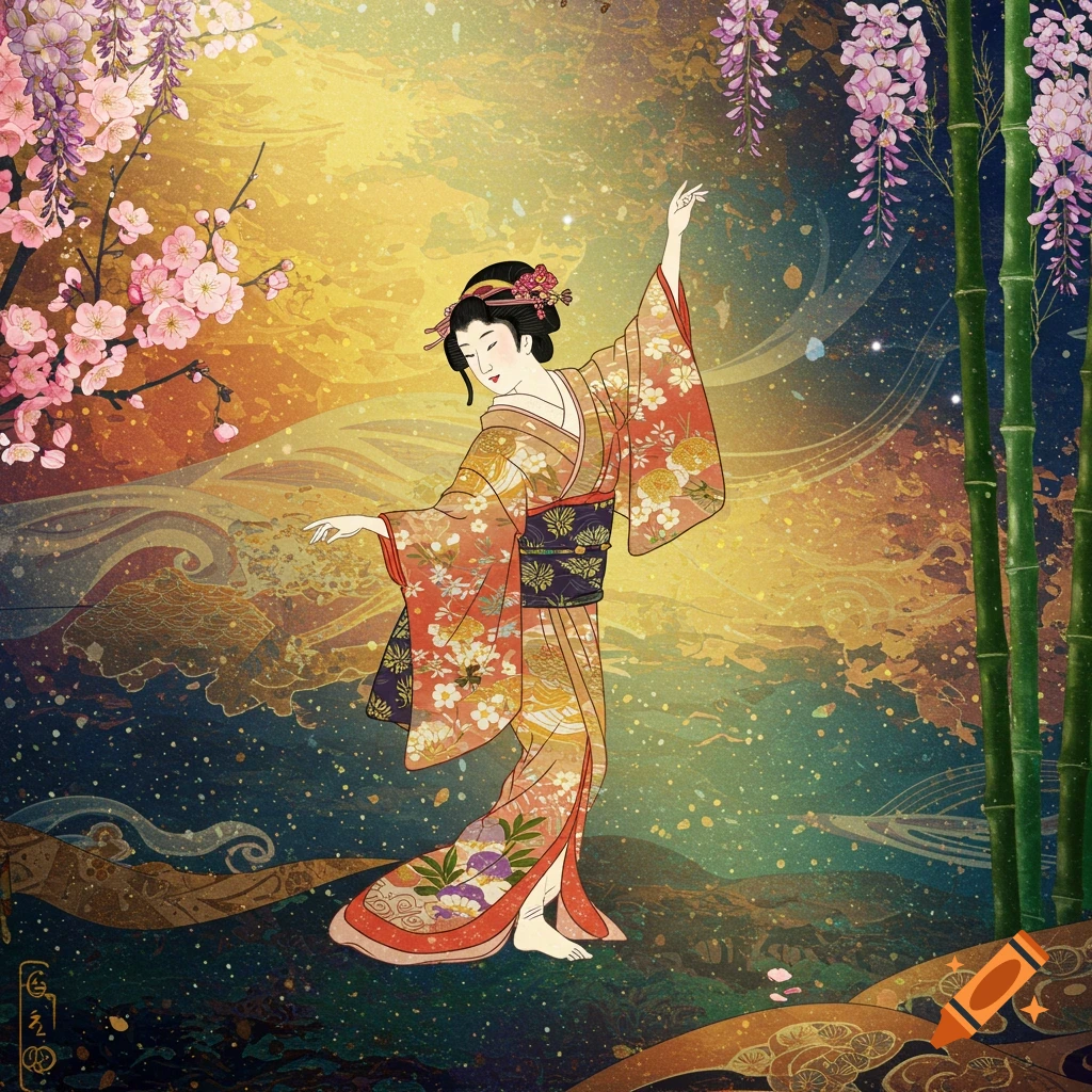 Japanese art style illustration of a woman in a kimono dancing among cherry blossoms and bamboo.