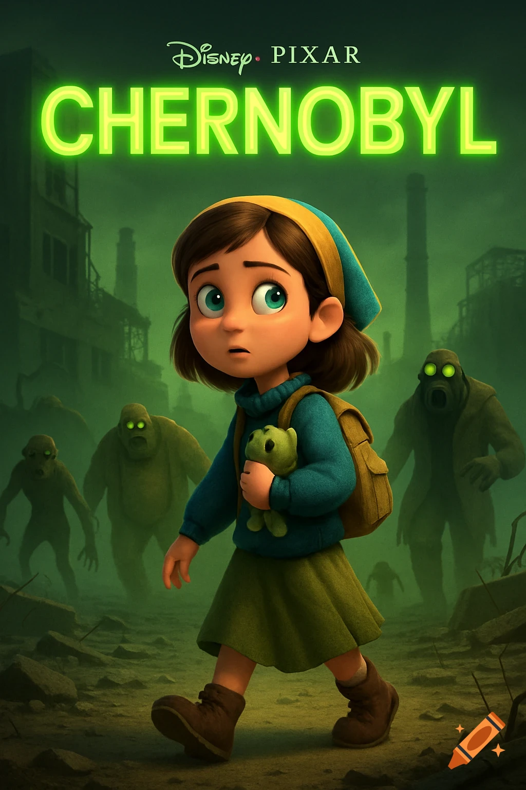Pixar style movie poster for Chernobyl showing a girl in a wasteland with mutated figures