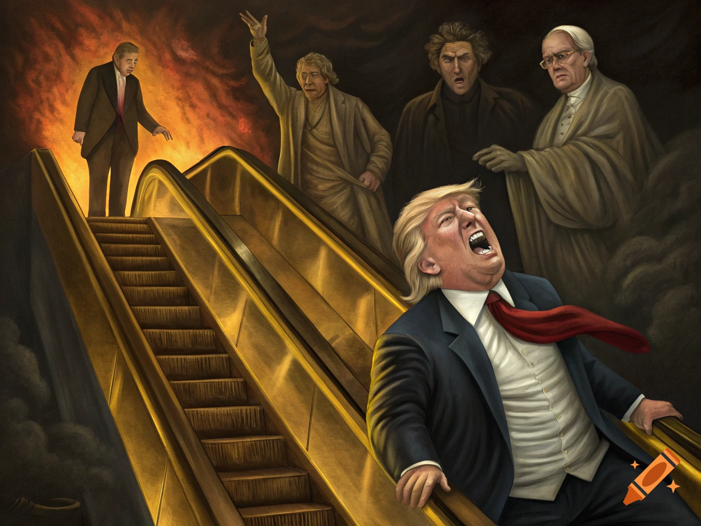 Renaissance-style painting of a horrified Donald Trump on an escalator with historical figures watching.