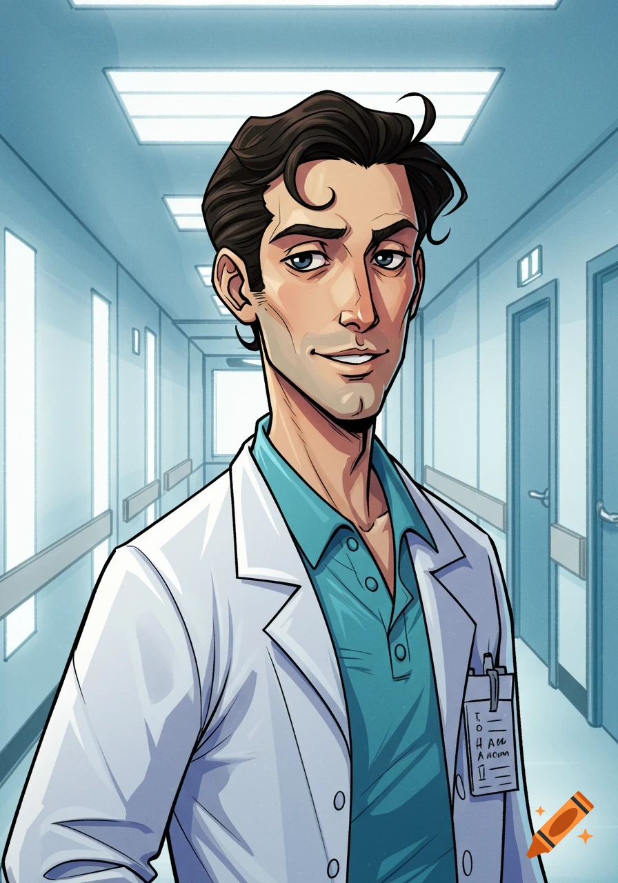 A cartoon portrait of a man in a doctor's uniform standing in a hospital hallway.