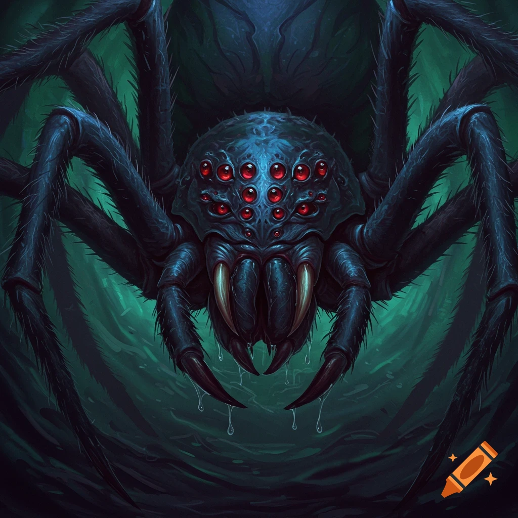 Close-up digital painting of a dark fantasy spider with multiple red eyes and fangs.