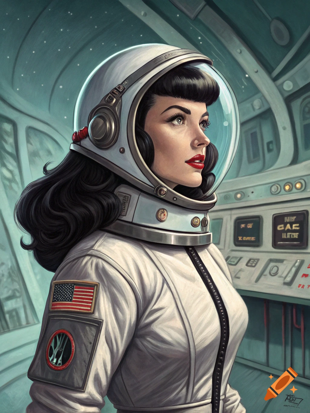 Pin-up woman in retro astronaut suit in spaceship control room