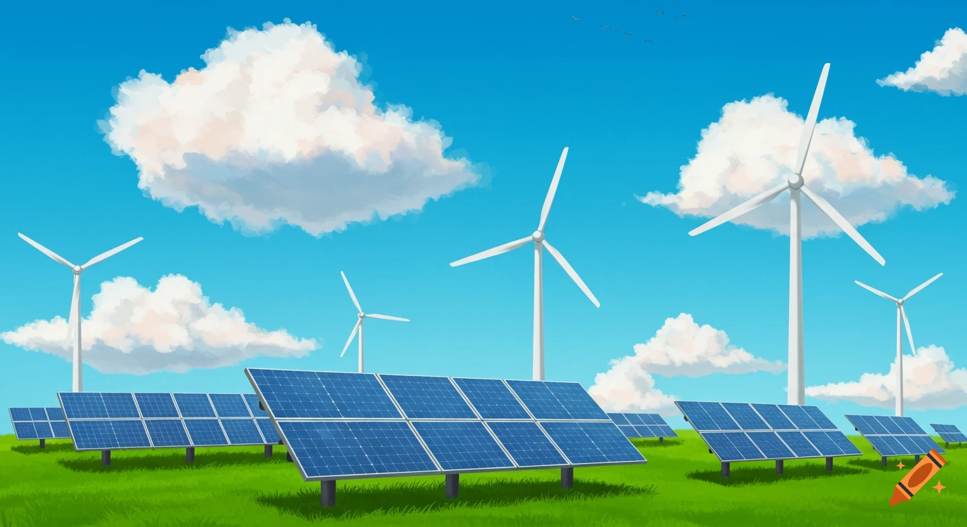 Solar panels and wind turbines in a green field under a blue sky with clouds, in a bright illustration style.