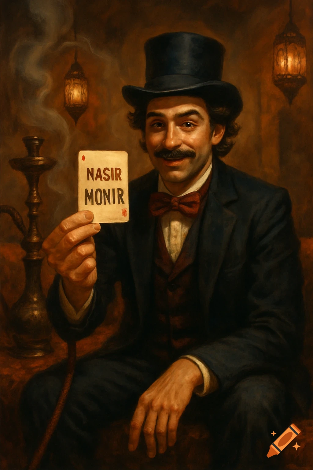 A magician in a top hat and suit holds a card displaying 'NASIR MONIR' in a shisha lounge.