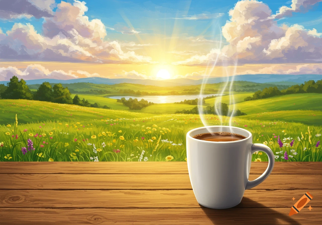 Mug of steaming coffee on a wooden table overlooking a sunny morning landscape with fields, hills, lake, and clouds.