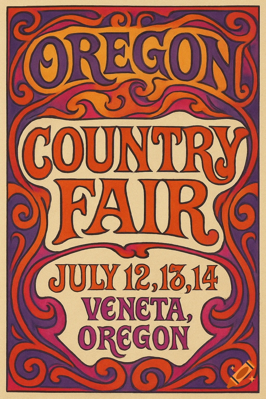 Retro-style poster advertising the Oregon Country Fair on July 12, 13, 14 in Veneta, Oregon.