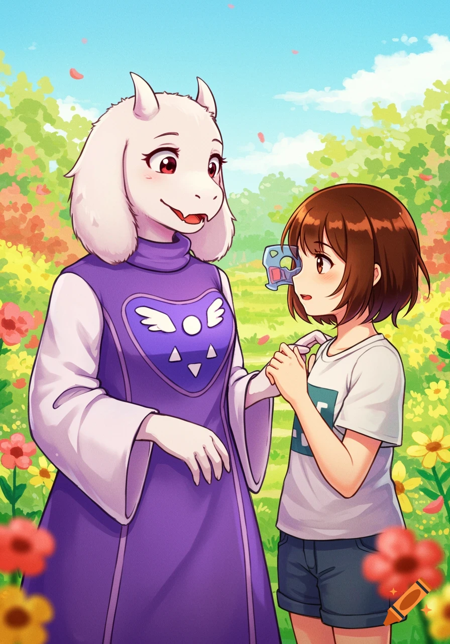 Anime style drawing of a goat-like creature and a human child in a flower garden.