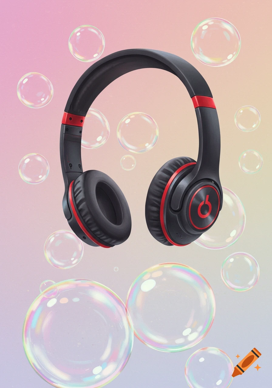 Headphones floating among bubbles on a gradient background.