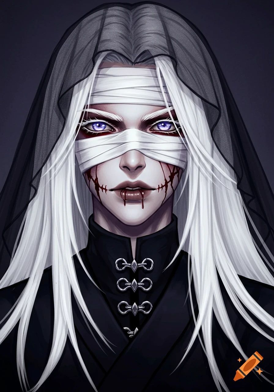 Anime portrait of a male with white hair, bandaged eyes, stitches, and blood, wearing black robes and a black veil.