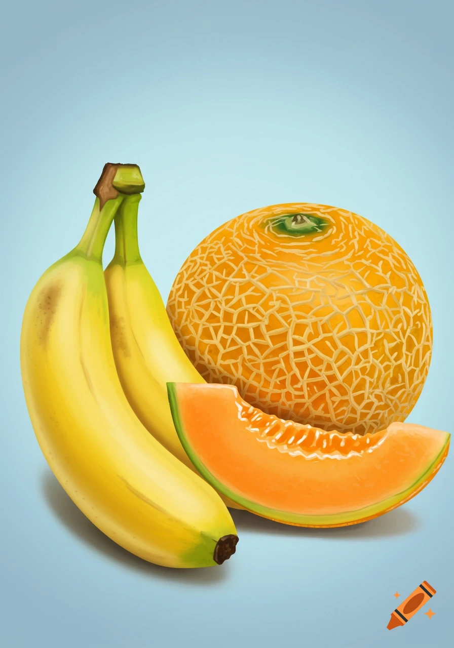 Two bananas, a whole melon, and a melon slice against a blue background.