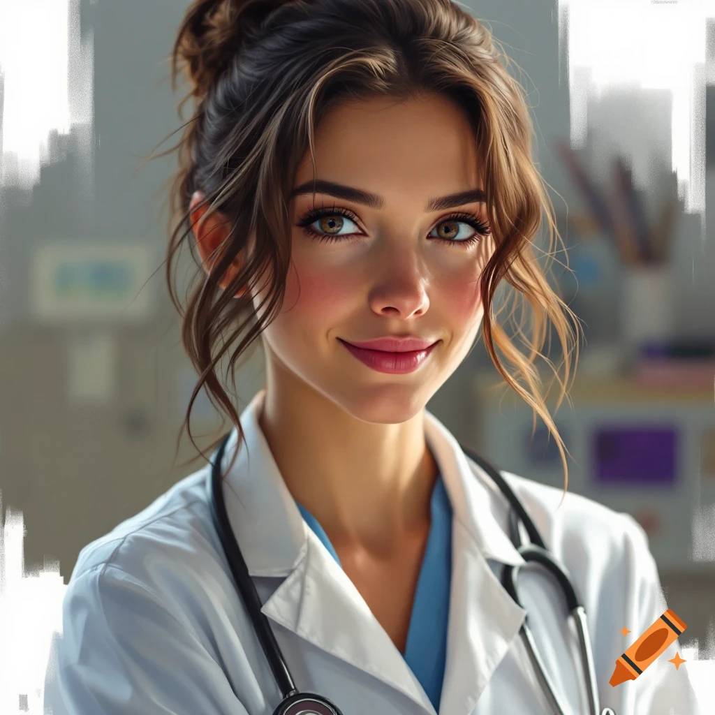 Close-up portrait of a smiling young woman wearing a doctor's coat and stethoscope