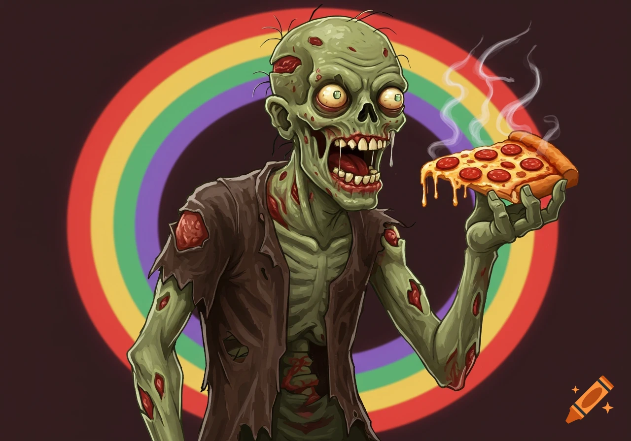 A cartoonish zombie holds a slice of steaming pizza in front of a rainbow circle.