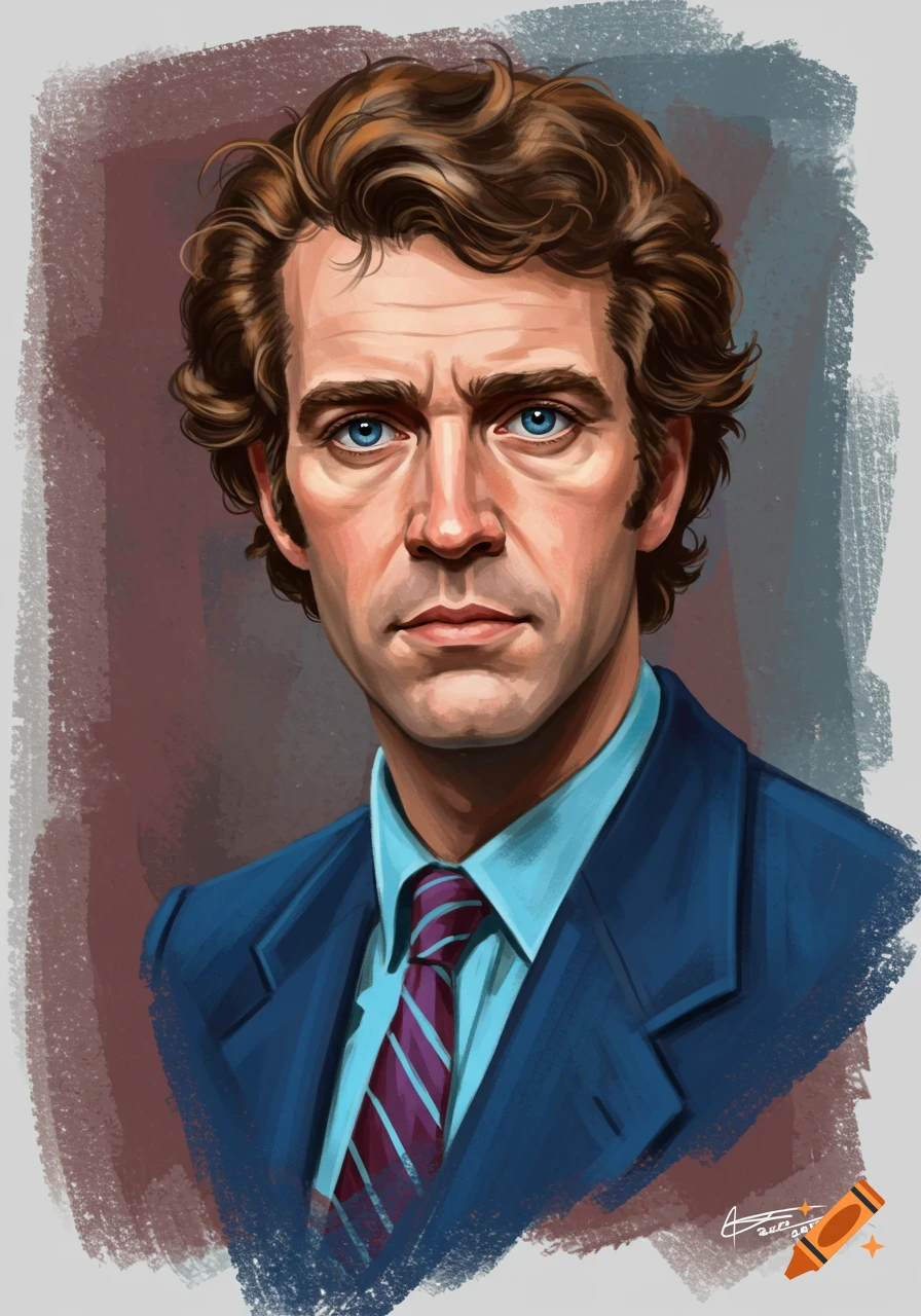 Painted portrait of a man with wavy brown hair and blue eyes in a blue ...