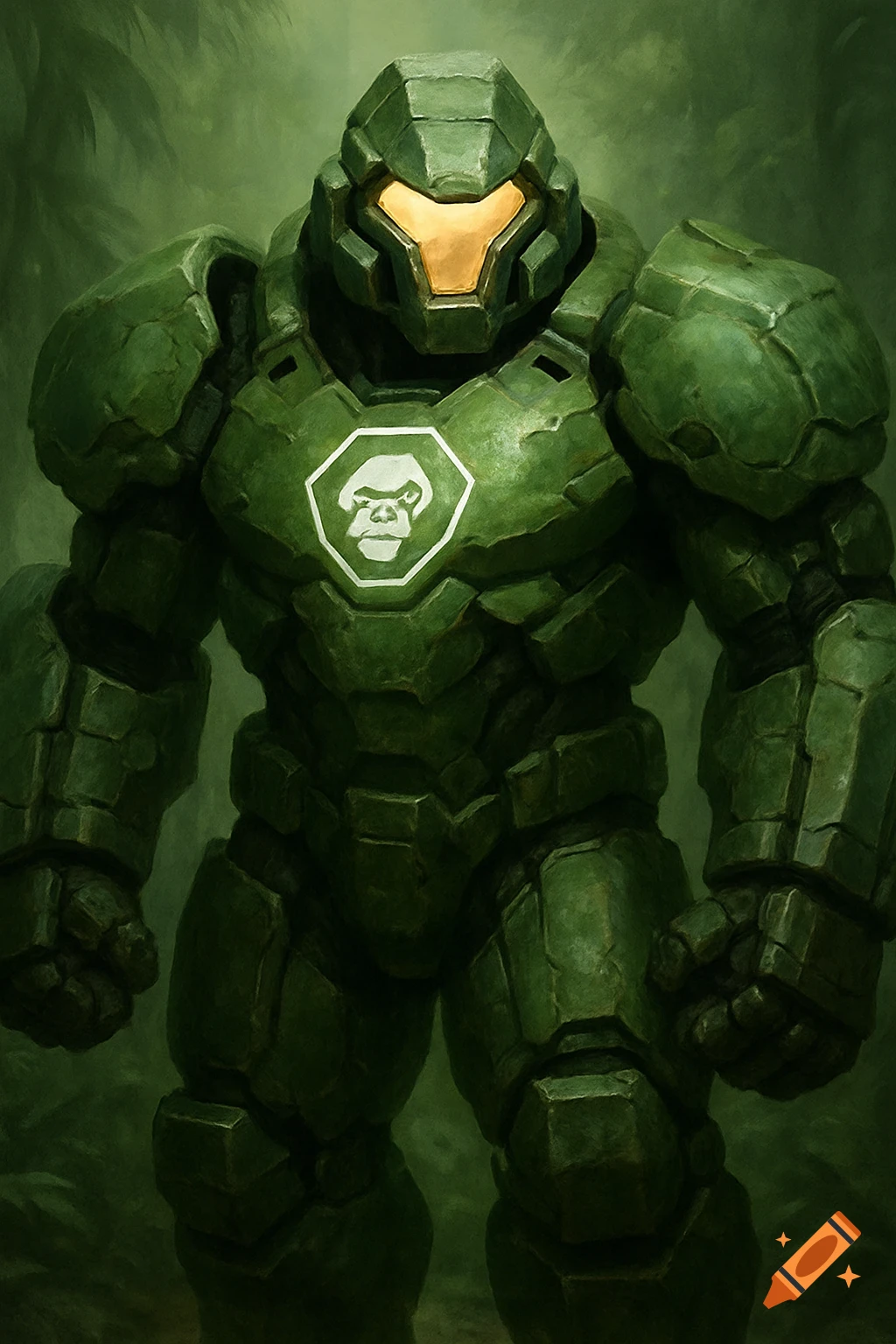 A figure in green gorilla-themed armor with a glowing visor and chest emblem stands in a jungle, digital painting.