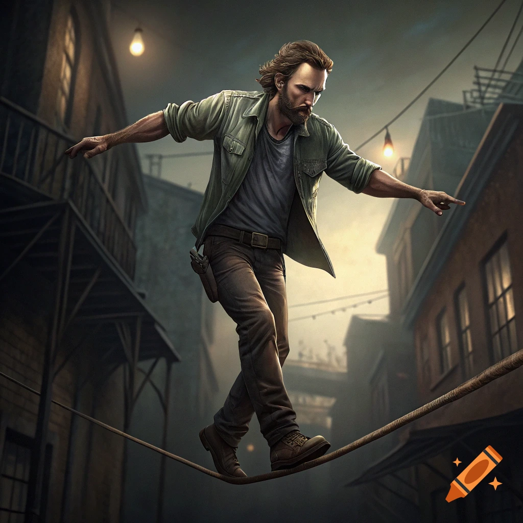 Man balancing on a tightrope between buildings in a city.