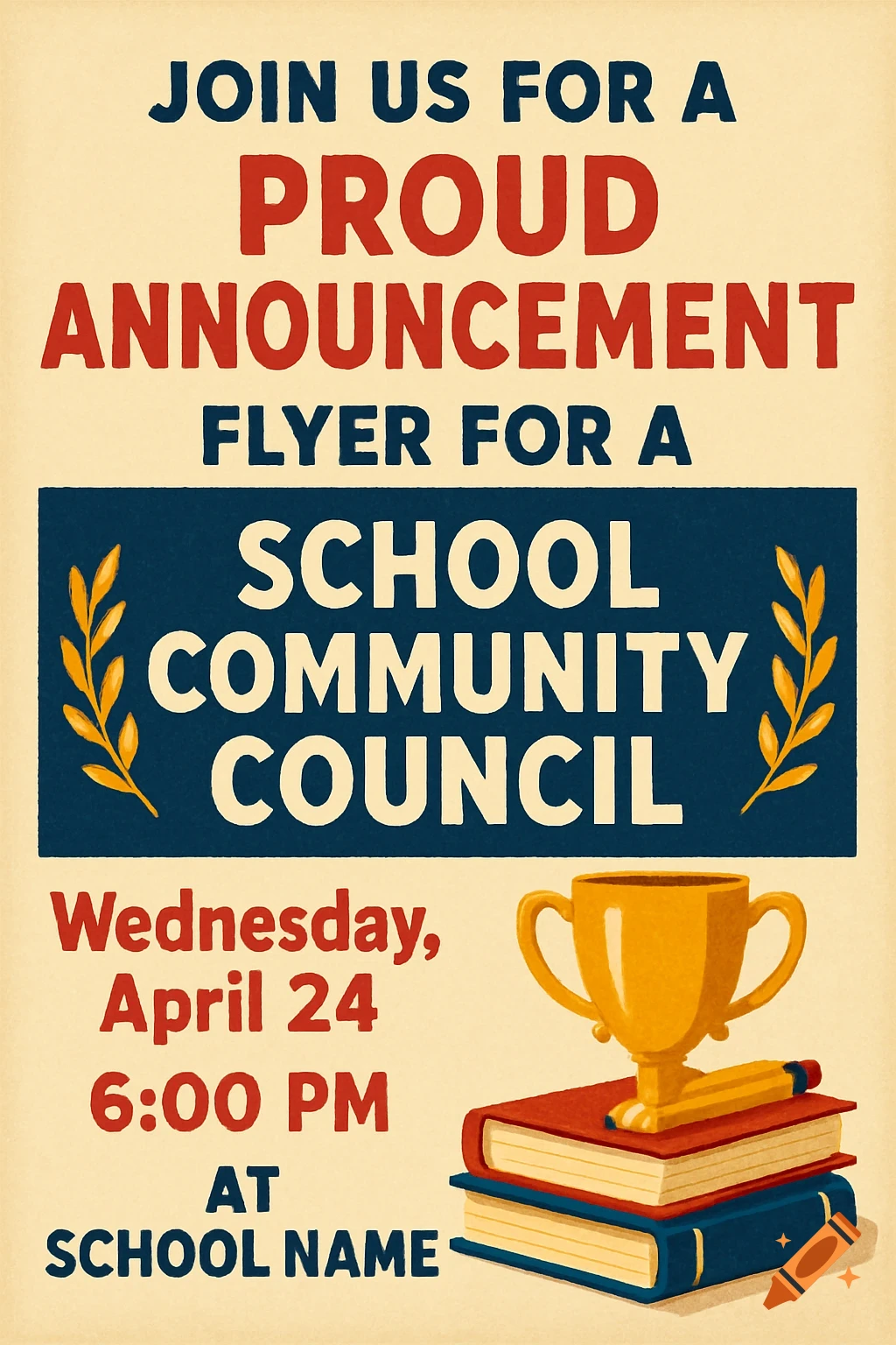 A retro-style flyer announcing a school community council event, with text details, a trophy, books, and a pencil.