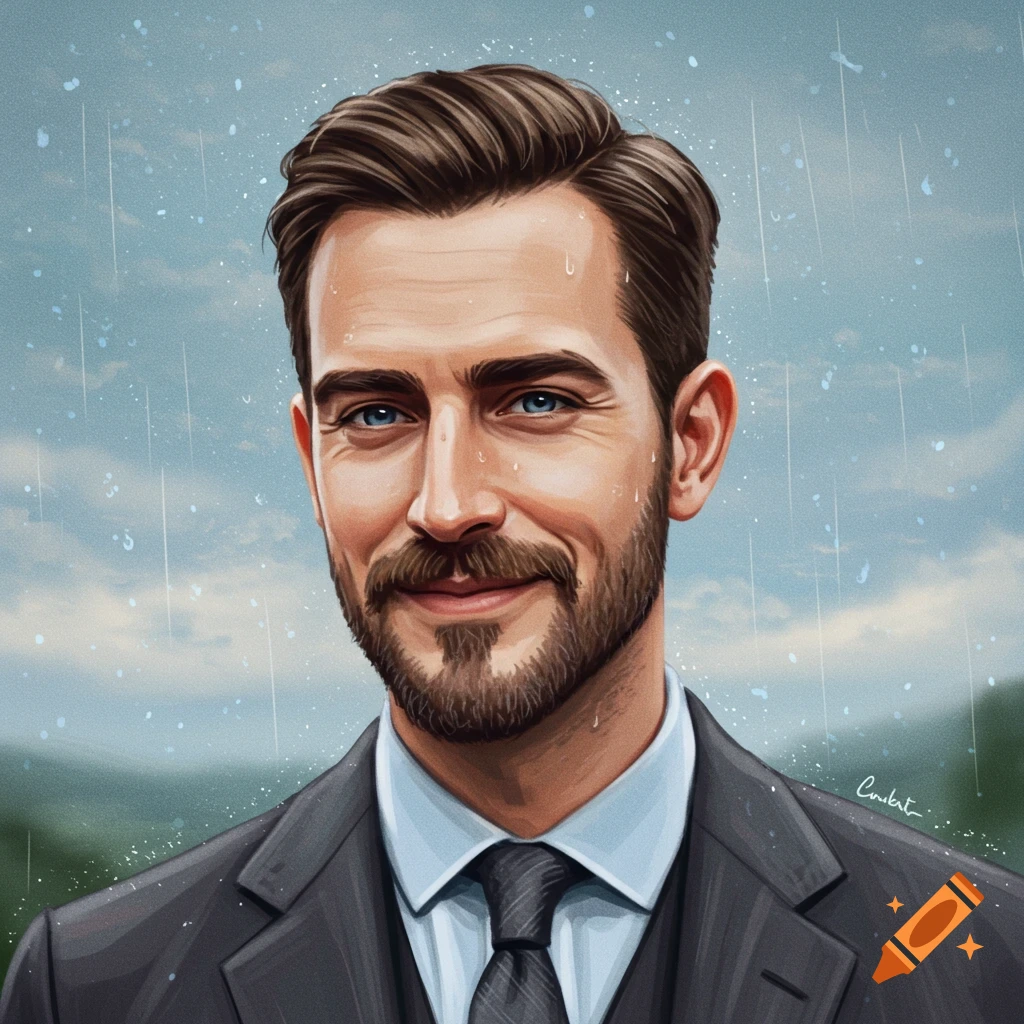 Illustration portrait of a man in a suit smiling in the rain.