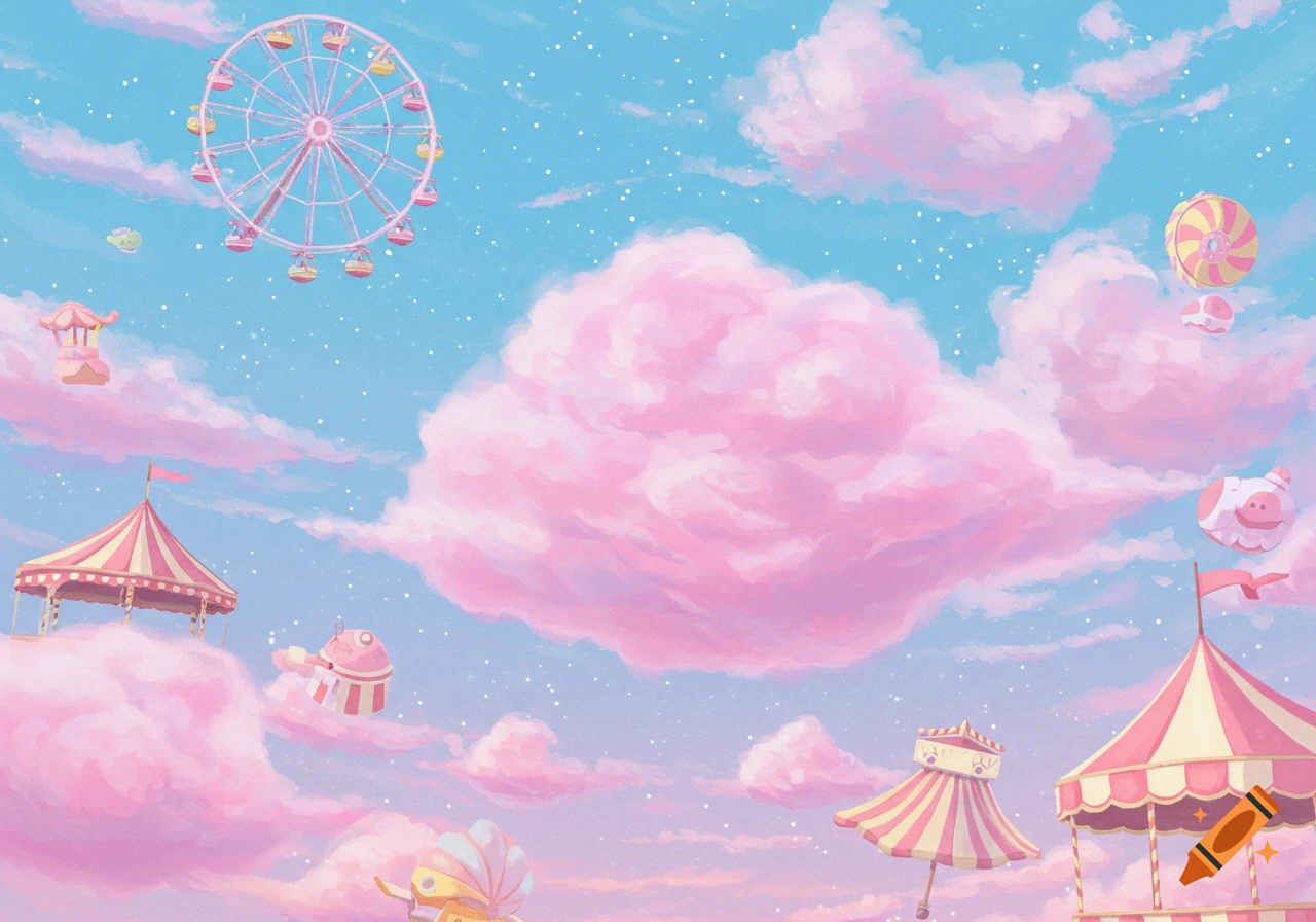 Fantasy carnival attractions floating in a pastel pink and blue sky with stars