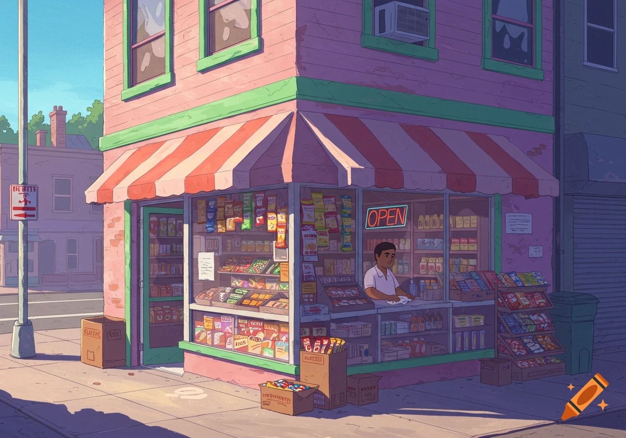 Illustration of a corner store with a red and white striped awning. A person is inside the store behind the counter.