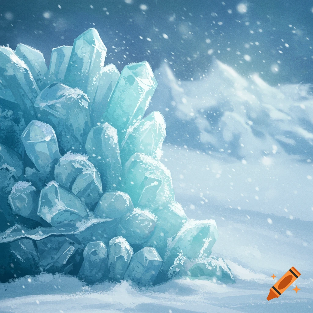 Large glowing crystals in a snowy mountain landscape with falling snow.